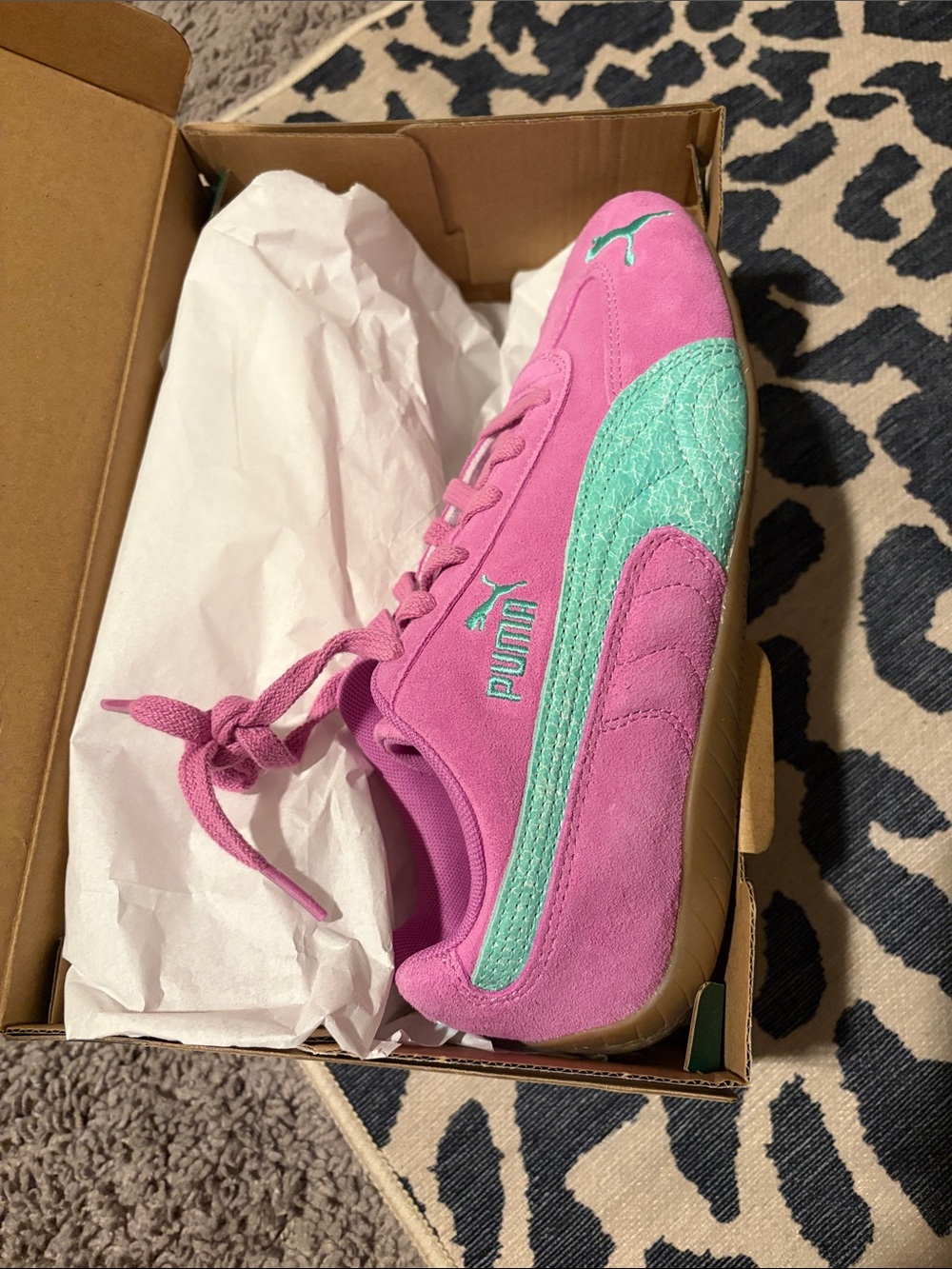 Puma Pink Suede Sneakers with Mint Stripe